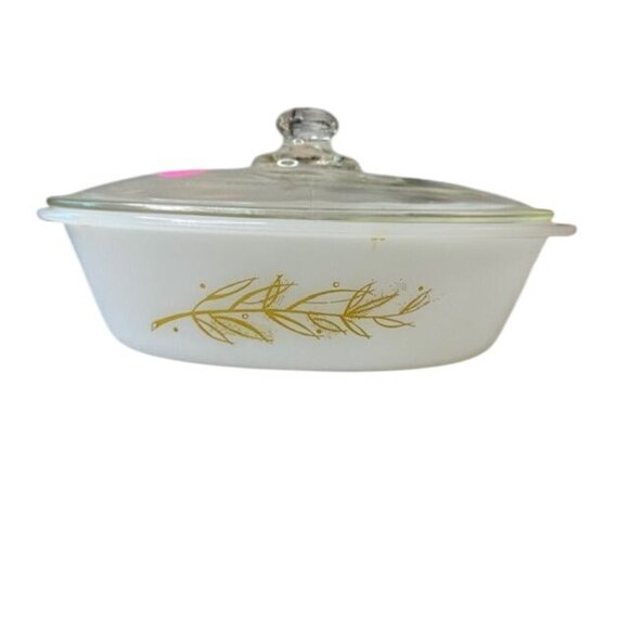 Vintage Anchor Hocking Fire-King White Milk Glass Oval Casserole Dish With Gold - Picture 1 of 9